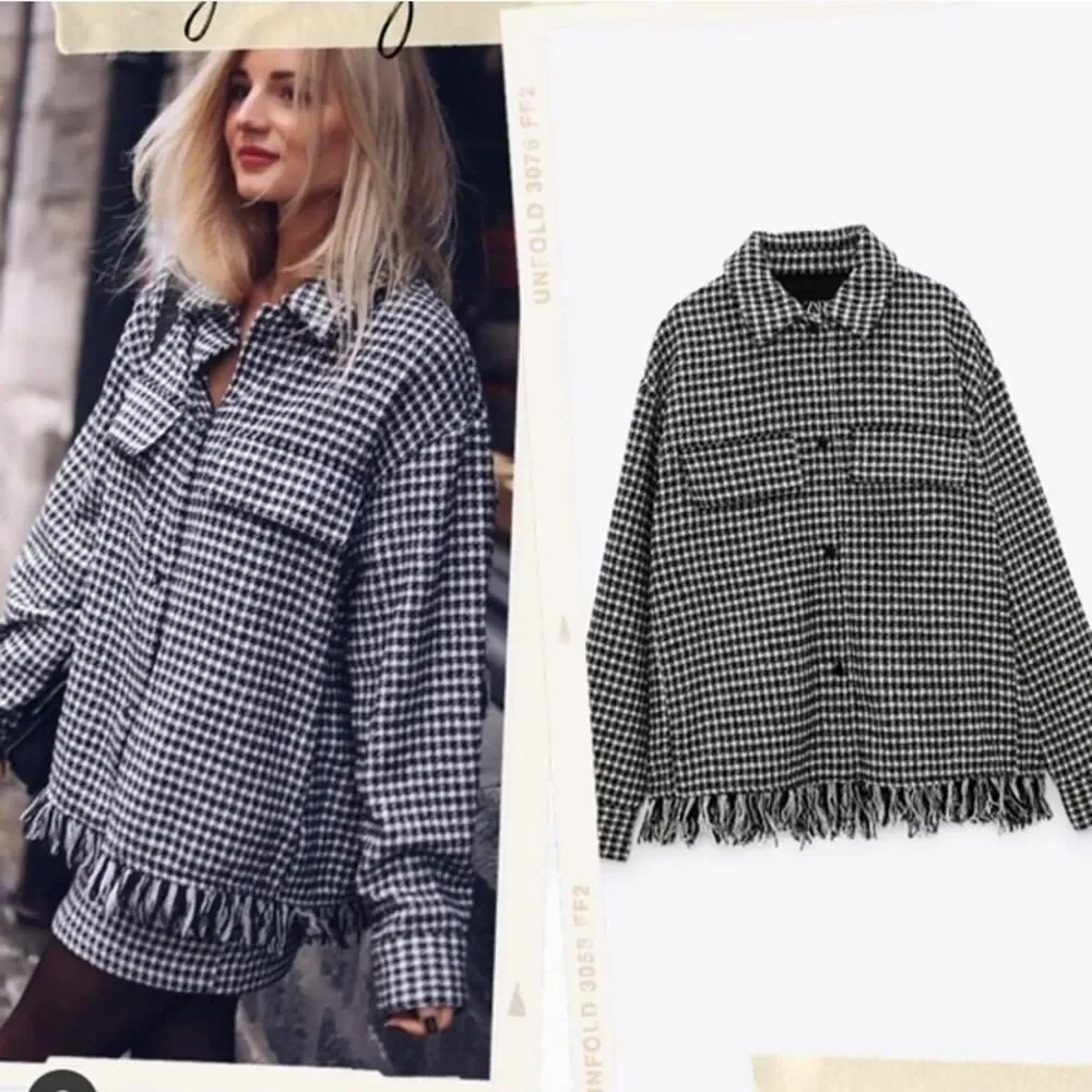 Zara Houndstooth Fringed Overshirt Barn Jacket Oversized Tweed Shacket 4391/737 - Picture 2 of 15